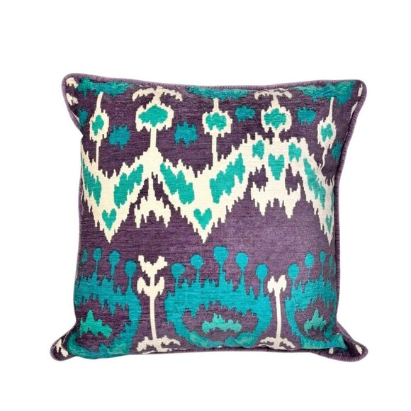 New SAFAVIER Ikat Throw Pillow Velvet Purple White Blue 17x17 Boho Decorative - Picture 1 of 7